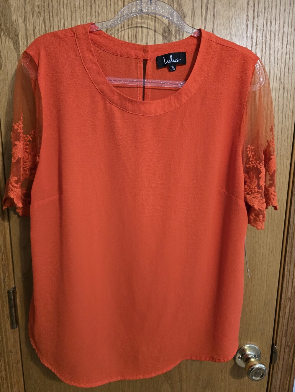 Lulu's Bright Orange Lace Sleeve Blouse NWT